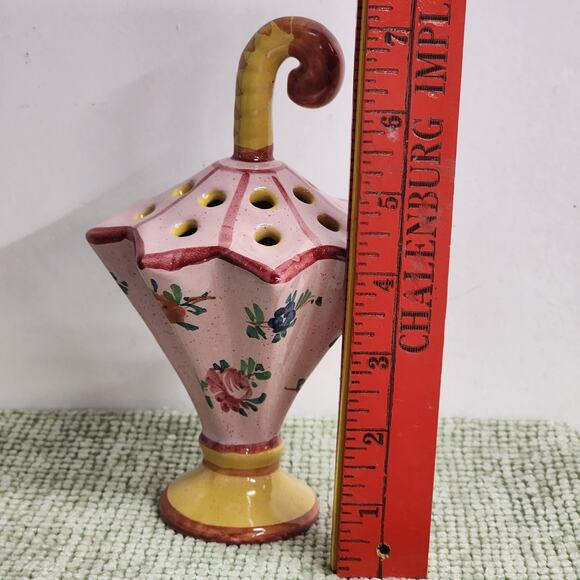 Vintage Italian Umbrella Flower Frog Pink Majolica Hand Painted Italy 5656 - Picture 2 of 7